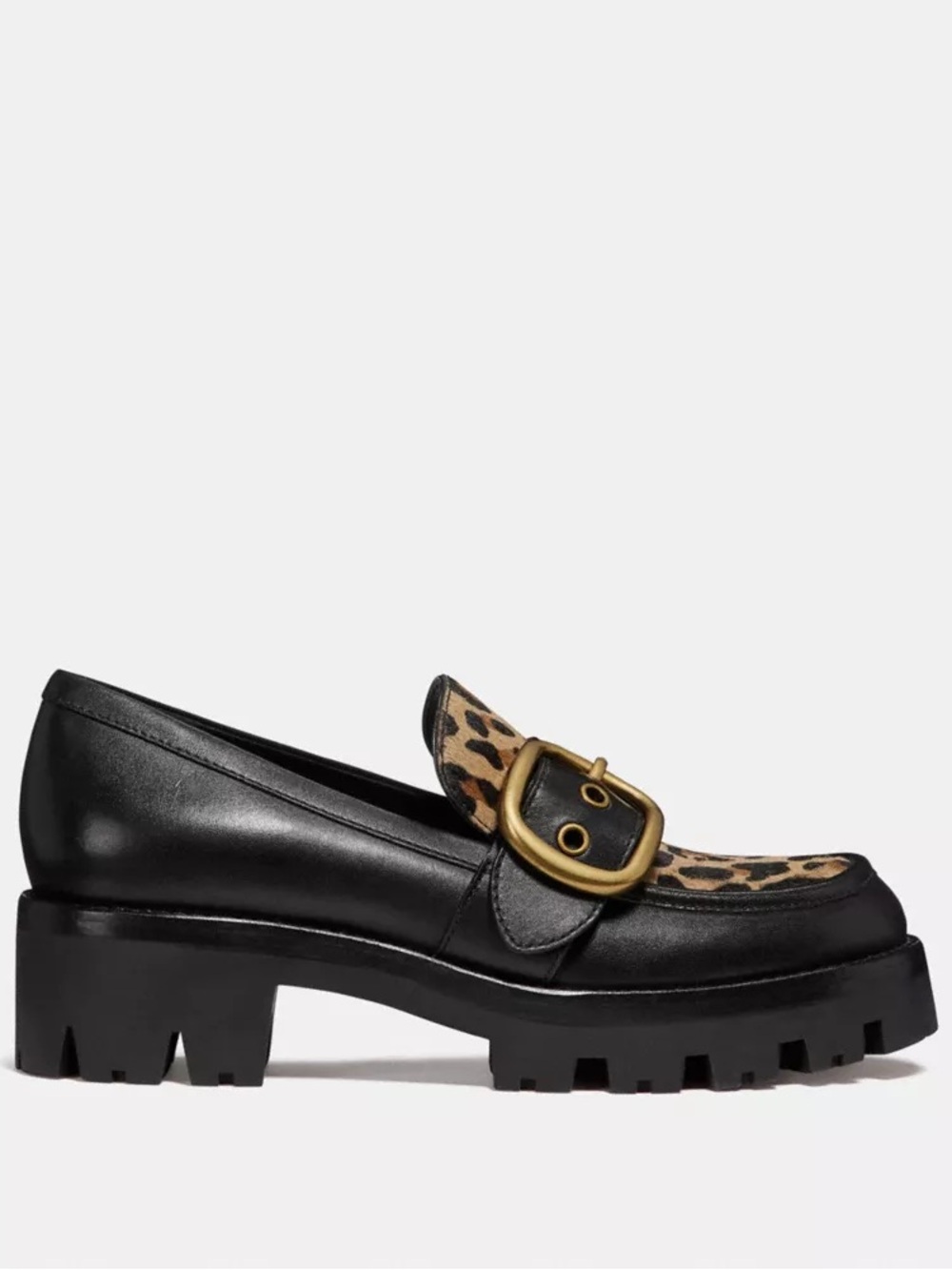 Coach Black Grand Leather Lug Sole Loafer with Leopard Print and Brass Buckle - Picture 2 of 8